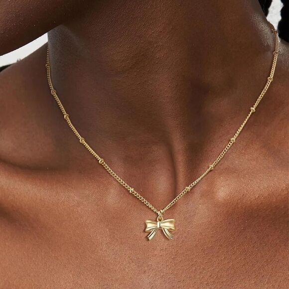 Gold Necklace Bow Knot Necklace Trendy 14K Dainty Tiny Bow Pendant Chain Gift - Picture 7 of 8
